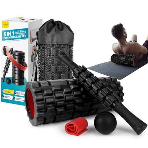 5 in1 Foam Roller Set for Deep Tissue Muscle Massage, High Density Fitness Exercise Foam Roller, Massage Roller, Massage Ball, Resistance Band, for Whole Body (Black)