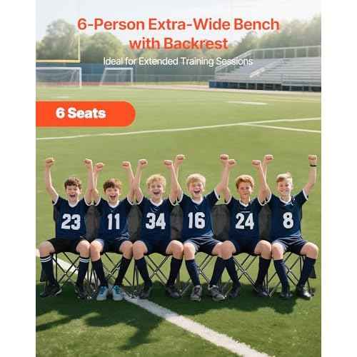 VEVOR Portable Folding Bench, 6 Seat Soccer Bench with Multiple Storage Pockets & Carrying Bag, Lightweight Sideline Seating with Back Rest for Football, Baseball, Camping, Outdoor Events, Black