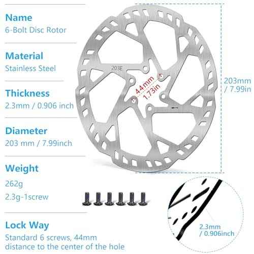 140mm 160mm 180mm 203mm Bike Disc Brake Rotor with 6 Bolts, Bicycle Brakes Stainless Steel Rotors, MTB, Thickness 2.3mm, Center Hole Distance 44mm, for E-Bike E-Scooter MTB (gray-203mm)