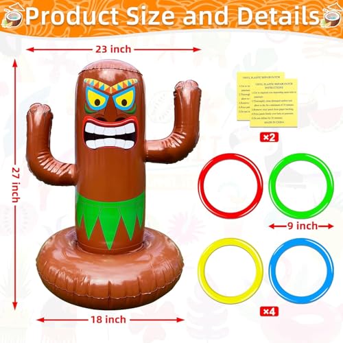 Inflatable Tiki Pool Ring Toss Game - 27 Inch Tropical Summer Party Toy with 4 Rings