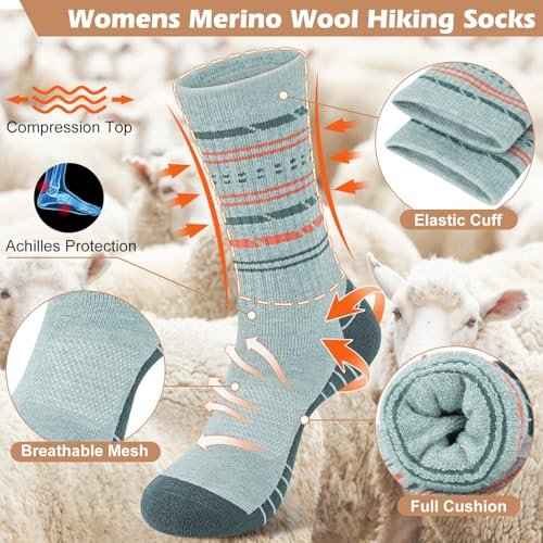 5 Pairs Womens Merino Wool Hiking Socks Winter Warm Crew Moisture Wicking Thick Cushioned Striped Boot Socks