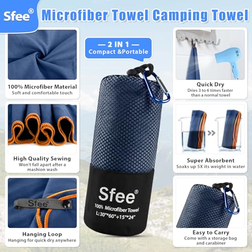 Microfiber Travel Towel Set - Navy Blue, 48x21 & 24x15 Inches, Quick Dry & Super Absorbent