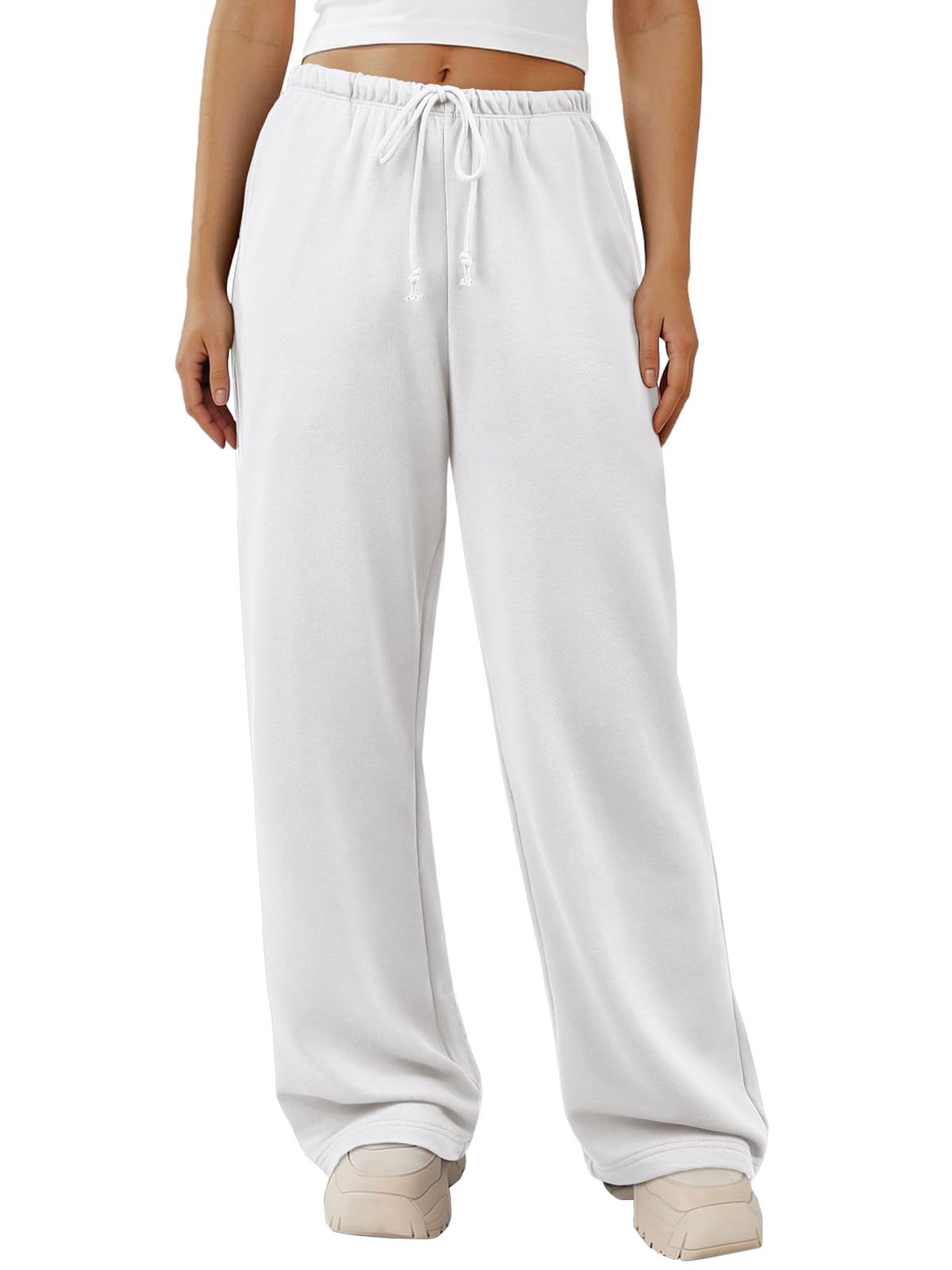 ATHMILE Womens White Wide Leg Sweatpants Long Straight Streetwear Drawstring Low Waist Casual Loose Baggy Workout Pants 2026