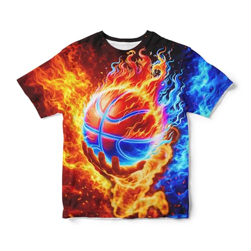 Kids Tie Dye T Shirt Boys & Girls 6-16 Years Short Sleeve Casual Graphic Tee - Fire Basketball (6-8 Years)