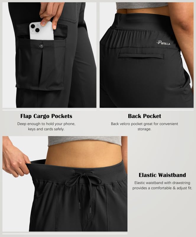 Large Black Women's Cargo Capri Pants with 5 Pockets - Hiking Travel Casual