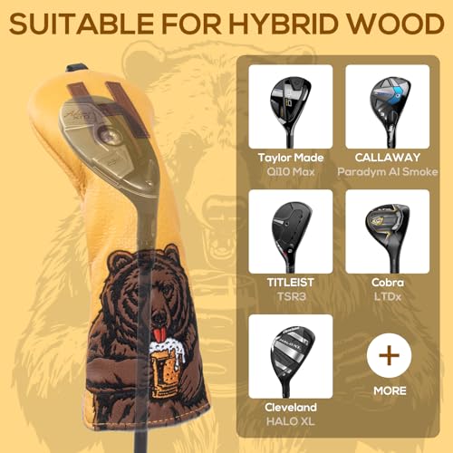 Golf Club Head Cover for Hybrid Clubs - Beer Bear Embroidery, Durable Fit