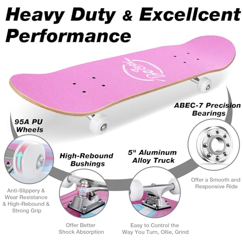 BELEEV Light Pink Complete Skateboard for Beginners 31x8 Inch Kids Teens Adults