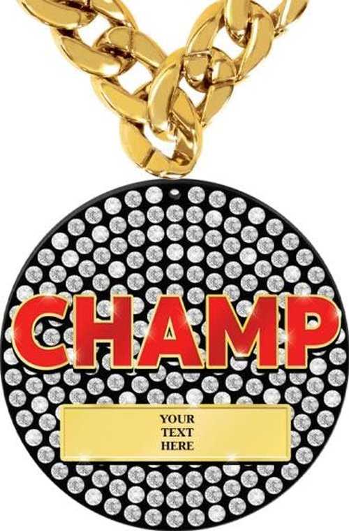 Crown Awards 6" Customizable Printed Rhinestone Champion Black Acrylic Medal Award On Gold Tone Chain