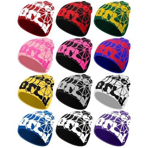 Toulite 12 Pieces Y2K Spider Web Beanie Gothic Graphic Beanies Outdoor Winter Warm Knitted Hat for Men Women