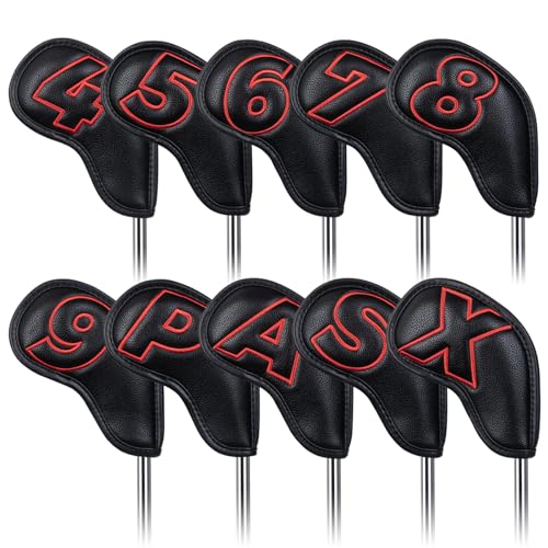 Craftsman Golf 10pcs Red No. Iron Headcover Set with Magnetic Closure - Black Leather
