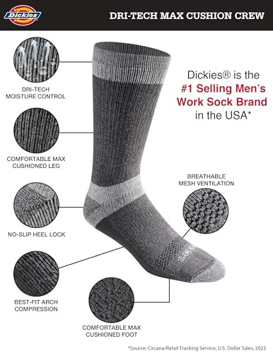 Dickies Men's Dri-Tech Moisture Control Max Crew Socks - Charcoal, Medium, 6 Pairs