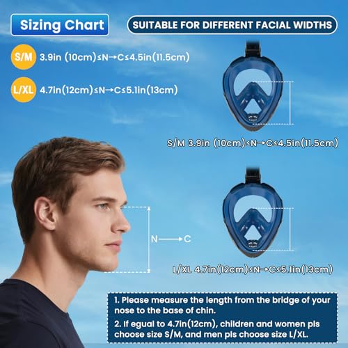 Full Face Snorkel Mask for Adults, 180° Panoramic View, Dry Top, Detachable Camera Mount - Blue Large-X-Large