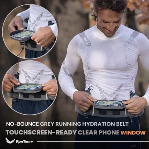No.1 Hydration Belt by Runtasty - Premium Running Fuel Belt with 2 BPA-Free 10 oz Water Bottles, Touchscreen Pocket, No-Bounce Design - Platinum Gray