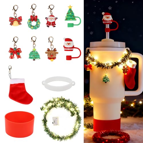 12Pcs Christmas Stanley Cup Accessories Set Including Light Up Christmas Garland, Straw Toppers, Silicone Boot, Water Bottle Charm for Stanley Tumbler 40oz&30oz