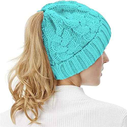 Rosoz Ponytail Beanie for Women,Winter Warm Beanie Tail Soft Stretch Cable Knit Messy High Bun Hat