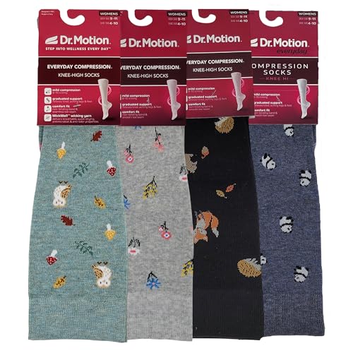 Dr. Motion Compression Knee High Socks for Women - 4 Pairs Assorted 9-11