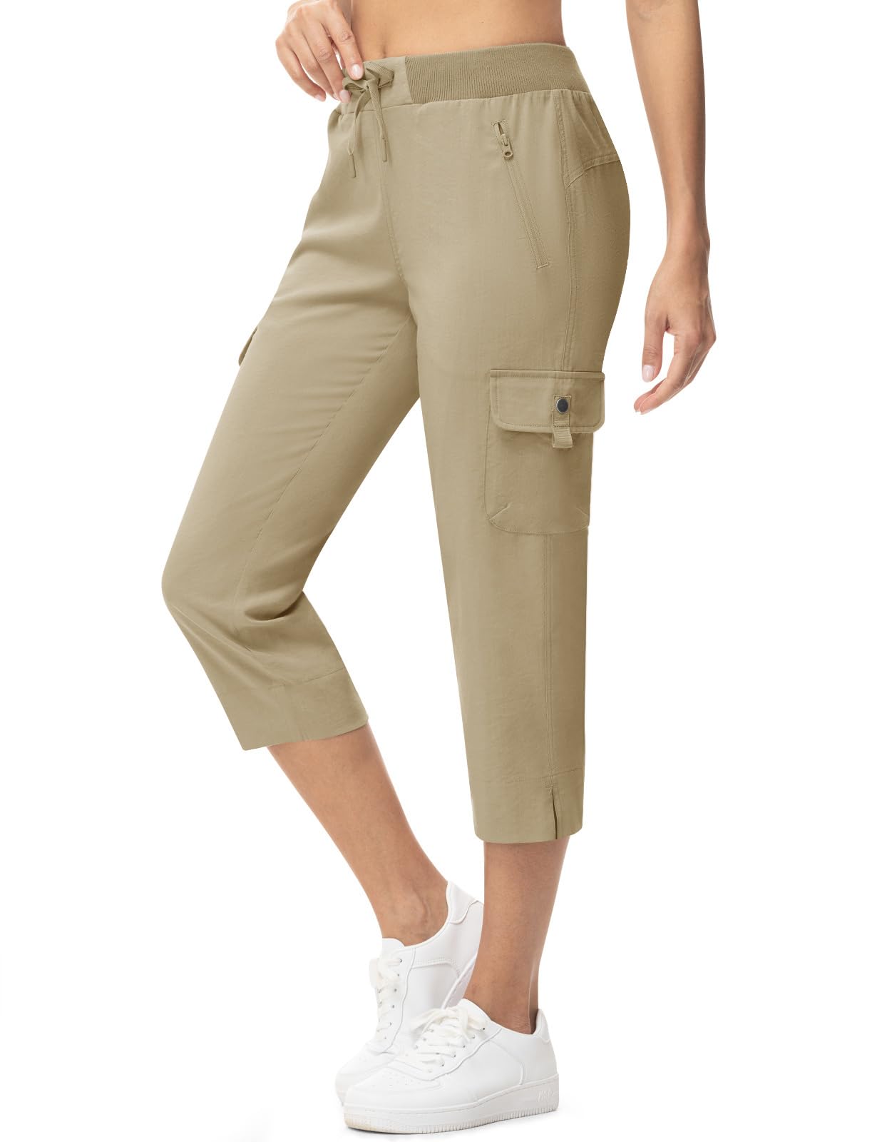 TBMPOY Women's Capri Pants Lightweight Quick Dry Hiking Cargo Pockets Casual Water Resistant Travel Cropped Cotton Light Khaki S