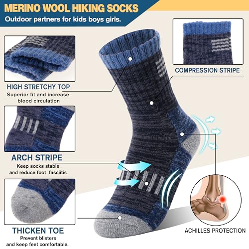 Kids Merino Wool Hiking Socks - Assorted Stripes, 6 Pairs, Toddler & Youth Thermal Warmth