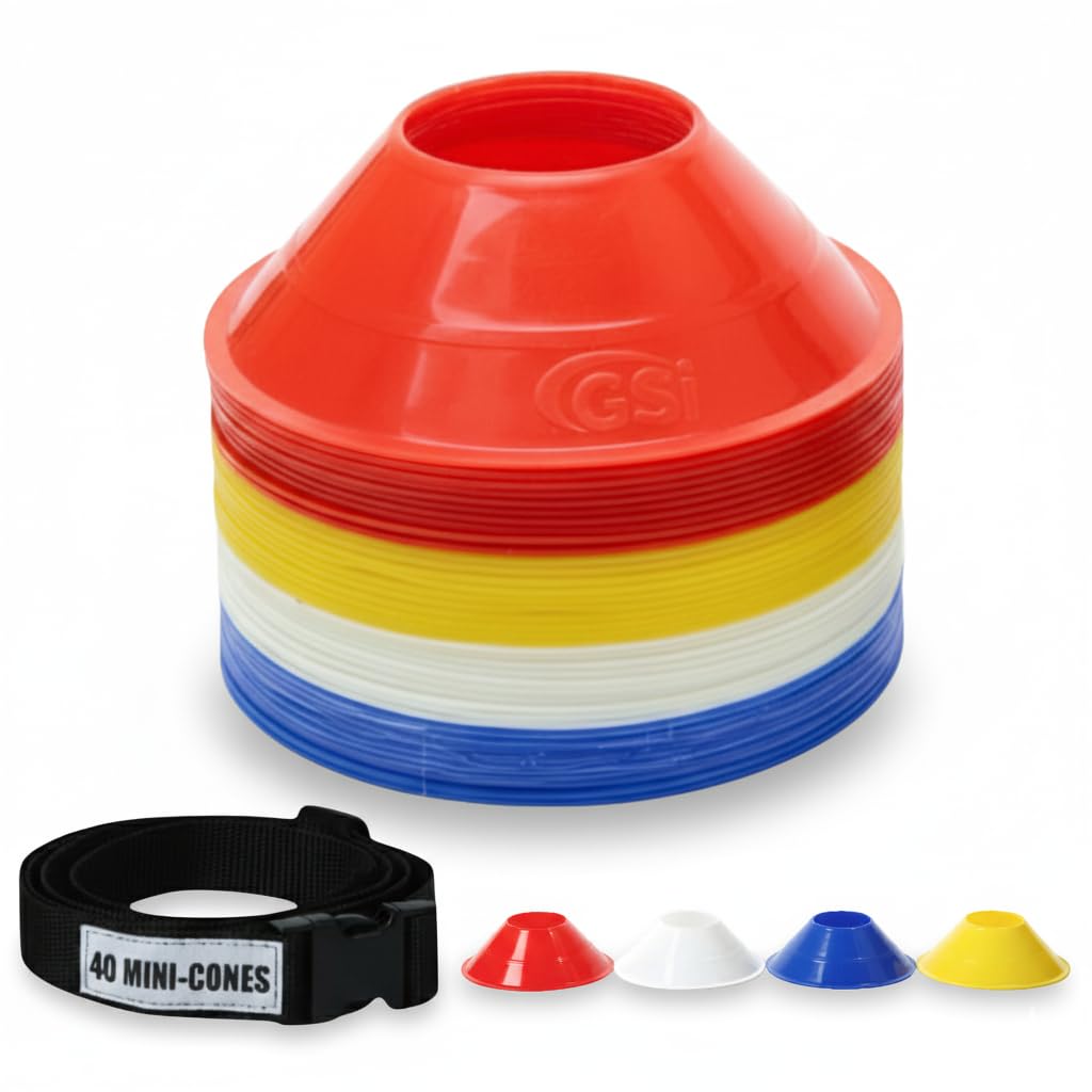 GSi Mini Cones for Sports - 40 Pack - 5Inch Diameter for Better Space Utilization - Comes with Shoulder Strap - for Agility Training Drills
