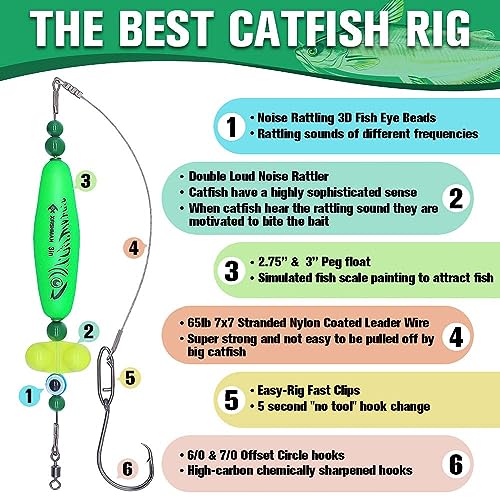 Green 4 Pack Catfish Rig with Rattler Floats for Bank Fishing - 3 Inch