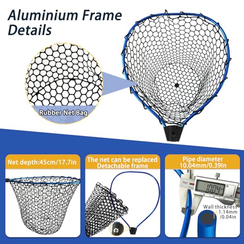Adjustable Telescoping Fishing Net with Handle - Blue Aluminum Alloy, Foldable & Collapsible, 3-Section Pole, 63.7"