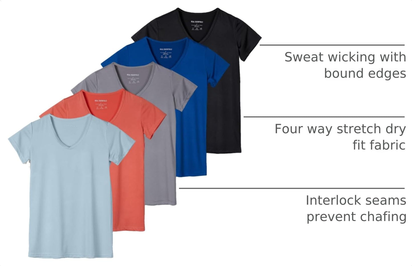 Real Essentials 5 Pack: Women's Dry-Fit Short Sleeve V Neck T Shirt Workout Fitness Yoga Top Tee, Set 10, L