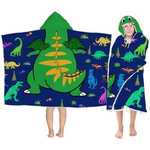 Dinosaur Hooded Beach Towel for Boys, Soft & Absorbent T-Rex Dinosaur Poncho Towel, 30¡±x50¡± Green Blue Bathrobe for Kids Cool Cartoon, Quick Dry Swim, Pool, and Bath Time