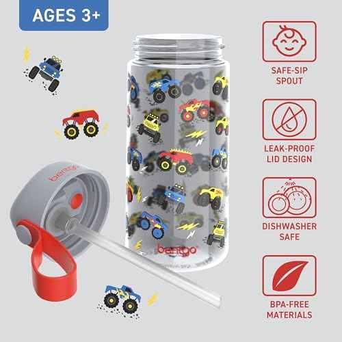 Bentgo Kids Water Bottle - Leak-Proof, Durable Tritan, BPA-Free 15 oz. Cup for Kids/Toddlers Ages 3+, Safe Sip Spout, Carrying Handle, & Dishwasher Safe for School, Sports, Daycare & Camp (Trucks)