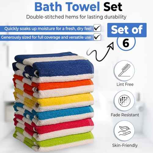 100% Cotton Beach Towels Pack of 6 ? Soft, Absorbent & Quick Dry Cabana Striped Pool Towels for Adults ? Large, Lightweight, and Durable Cotton Towels for Beach