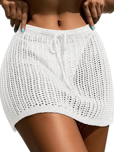 Medium White Crochet Cover Up Shorts Hollow-Out High Waist Tie Front Knit Swimsuit Beach Skirt