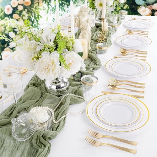 400pcs White and Gold Plastic Dinnerware Set for 50 Guests - Elegant Party Plates