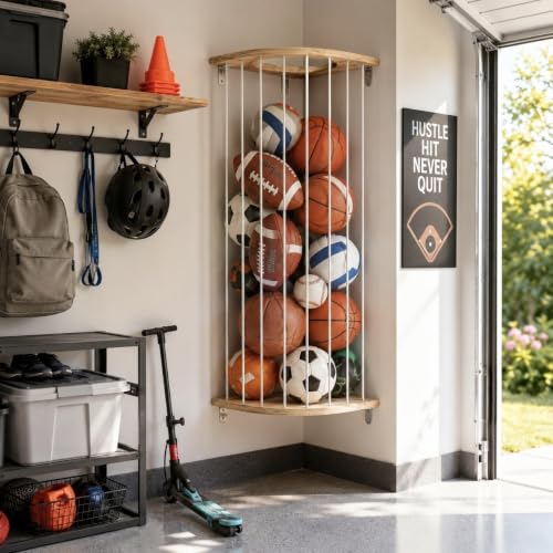 Wall-Mount Sports Ball Storage Rack with Wooden Frame for Garage & Home