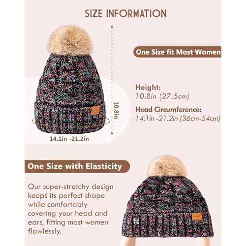 Winuesa Winter Hats for Women with Pom Pom, Womens Beanie Fleece Lined for Cold Weather, Multicolor Ski Skull Cap for Ladies