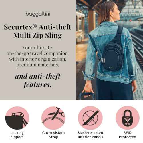 Baggallini Securtex¢ç Anti-Theft Triple Zip Sling - Travel Backpack Sling Bag Crossbody - RFID Wallet Locking Zipper