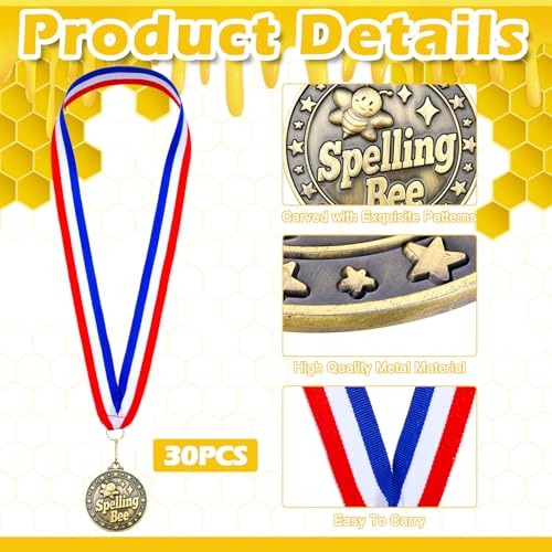 Spelling Bee Gold Award Medals Bulk with Ribbons - 2 Inch, 30 Pcs
