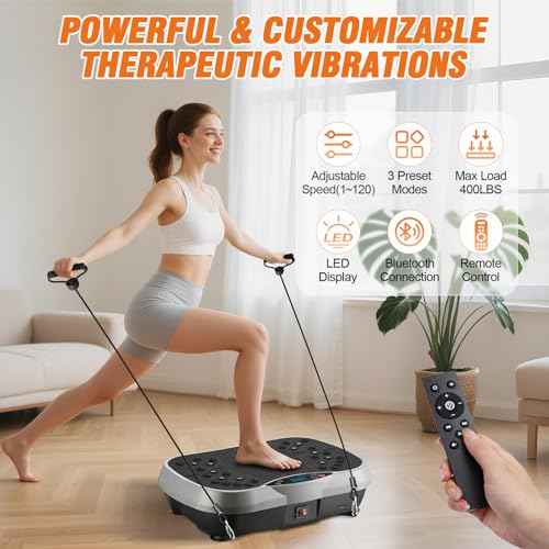 ALSO GO Vibration Plate Exercise Machine, 3 Workout Modes & 120-Level Vibration Platform for Weight Loss/Lymphatic Drainage, 400lbs Capacity Vibration Board with Resistance Bands for Full Body Workout