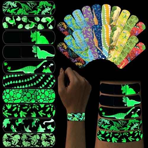 100 Pcs Glow in The Dark Bandages, Cute Breathable Waterproof Neon Adhesive Wraps with Dinosaur Designs for Cuts, Scrapes, and Wounds