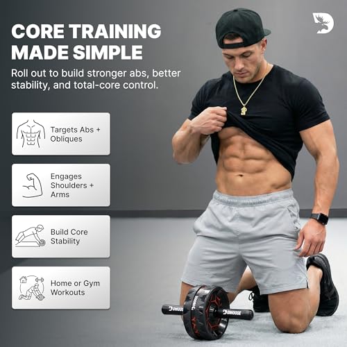 Ab Roller Wheel with Elbow Support & Knee Pads - Core Strength Workout Equipment - Black Red