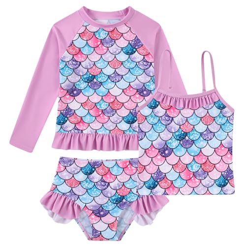 Girls Swimsuit 3 Pieces Rash Guard Bathing Suit Set - Mermaid Pink, 4-5T