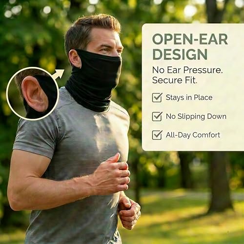 Open-Ear Neck Gaiter with UV Sun Protection - Cooling Nylon Fabric, 2 Pack - Black