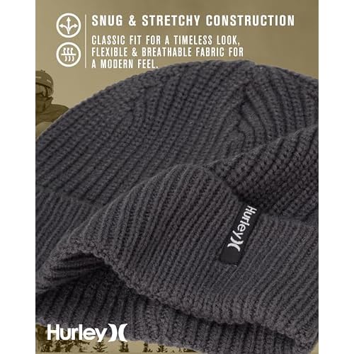 Hurley Men's Cuffed Beanie - Classic Midweight Loose Knitted Winter Hat for Men