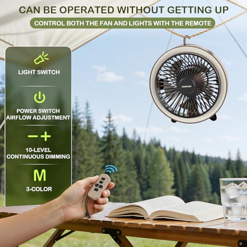 Portable Camping Fan with Light 10400mAh Remote LED Tent Fan Outdoor