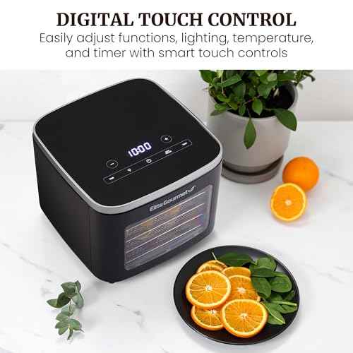 Elite Gourmet EFD809D Food Dehydrator with 5 Stainless Steel Trays, Adjustable Temp & Time + Keep Warm, Includes Interior Light, Fruit Roll Tray and Recipe Booklet, Black