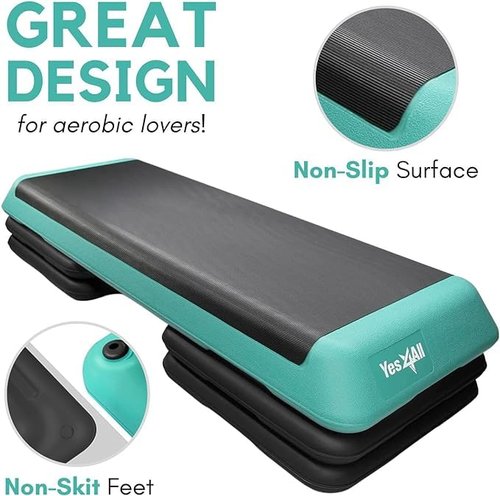 Yes4All Adjustable Workout Aerobic Exercise Step Platform Health Club Size with 4 Adjustable Risers Included and Extra Risers Options - Green Black