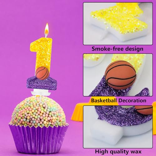 Basketball Number 11 Birthday Candle - Purple Gold Cake Topper for Sports Party