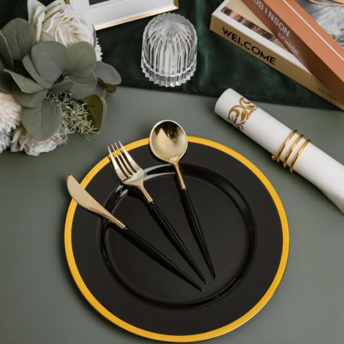 N9R Disposable Gold Plastic Silverware Set - Black Handles, 150PCS