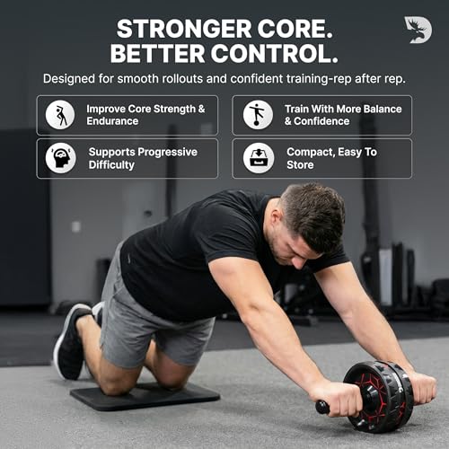 Ab Roller Wheel with Elbow Support & Knee Pads - Core Strength Workout Equipment - Black Red