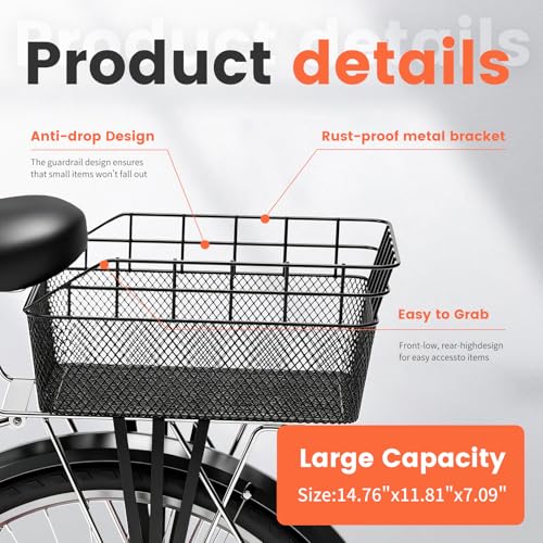Heavy Duty Rear Bike Basket with Cargo Net & Waterproof Cover - Large Capacity
