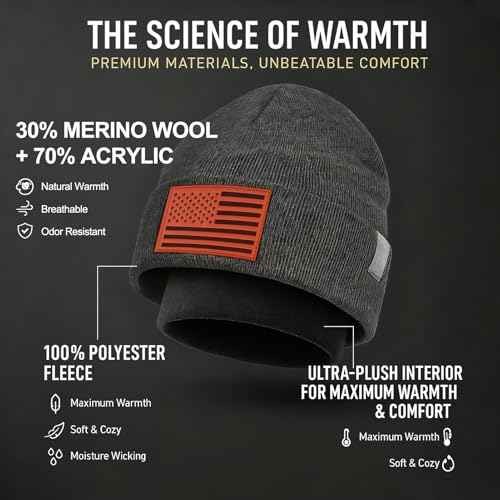 Oversize M/L/XL/XXL American Flag Beanie Hat - Merino Wool Beanie for Men Women, Fleece Lined Large Winter Hat