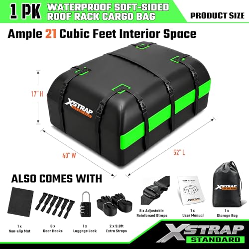 XSTRAP STANDARD 21 Cubic Feet Waterproof Car Rooftop Luggage Carrier Bag, Green - Fits All Vehicles